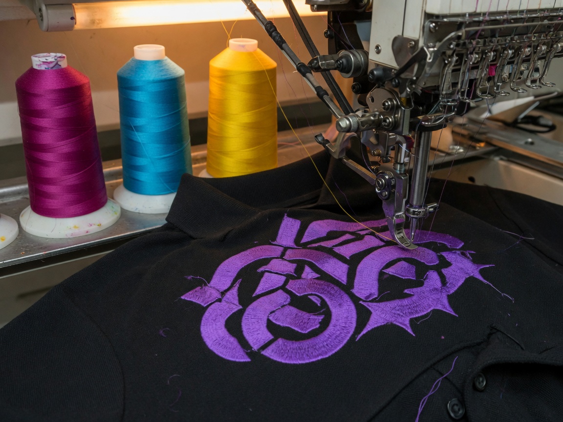 An embroidery machine stitching a purple mark